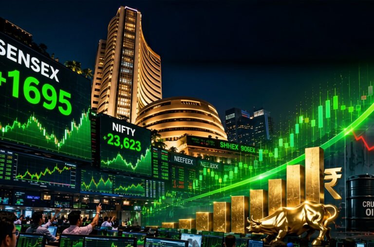 BSE Sensex surges 1,695 points, while NIFTY 50 gains 461 points, reflecting strong momentum in the stock market. 📈💹🚀🇮🇳