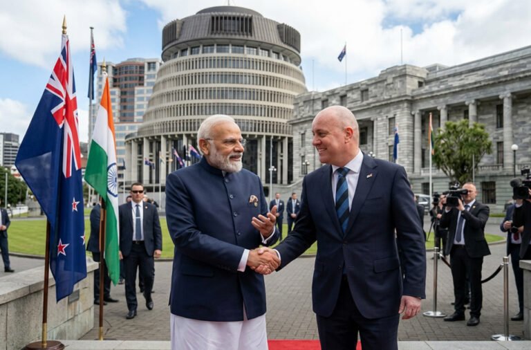 Narendra Modi arrived in New Zealand, where he received a grand welcome at the airport from officials, members of the Indian diaspora, and local dignitaries