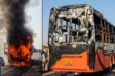 A bus collided with a truck, triggering a massive fire that claimed the lives of eight people, who were burned alive in the tragic accident.