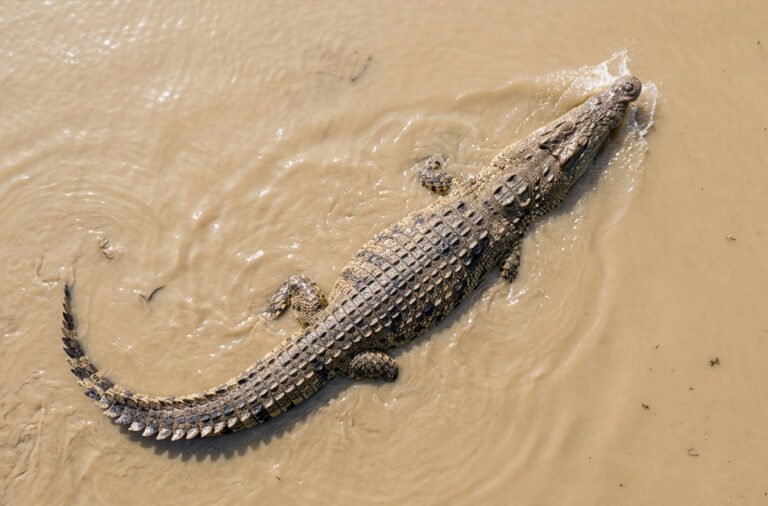 Crocodile drags away person while bathing.