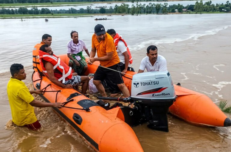 A sudden rise in the water level of the Lanth River left eight people, around 30 cattle, and hundreds of goats stranded. After a prolonged rescue operation, emergency teams successfully rescued all those trapped and brought the situation under control.