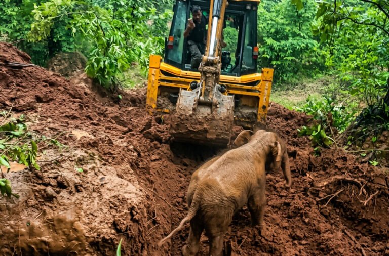 Elephant calf rescued from a ditch after a six-hour operation.