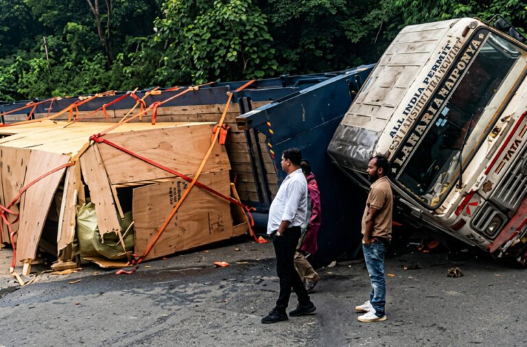 Goods-laden truck overturns at Guma Ghat; Koraput-Rayagada traffic disrupted.